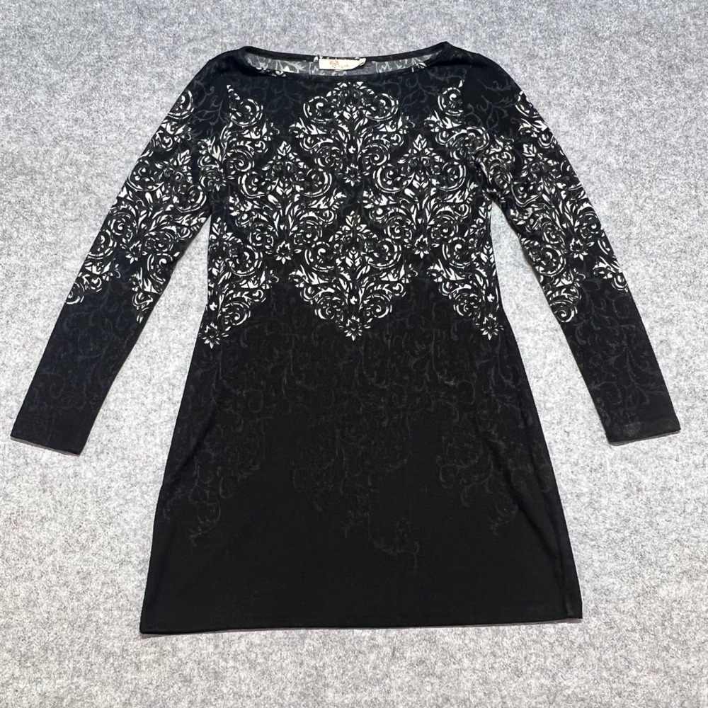 Baroque Damask Print Long Sleeve Sheath Tunic Mini Dress Black White Size Large